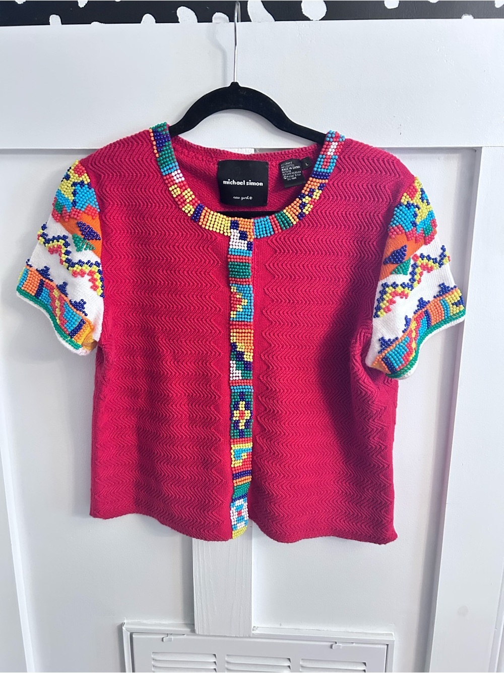 Vintage Michael Simon Beaded Cardigan Sweater Colorful Tribal Art Knit Size L